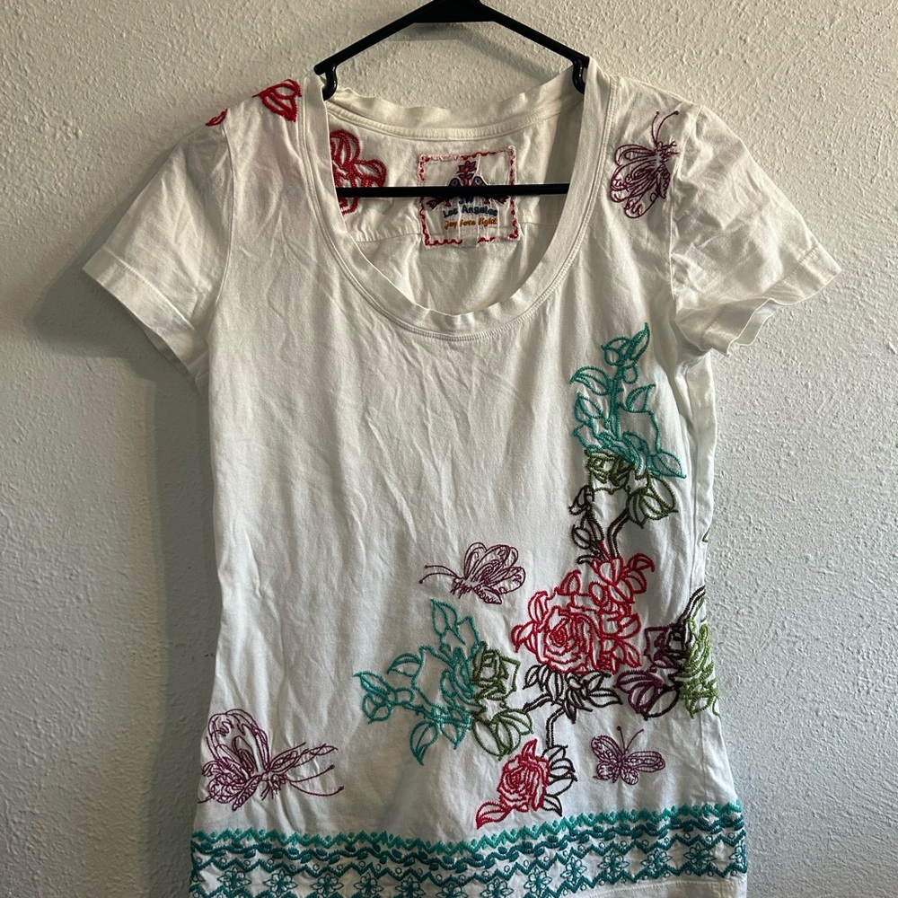 Johnny Was Multicolor Embroidered Tee - White